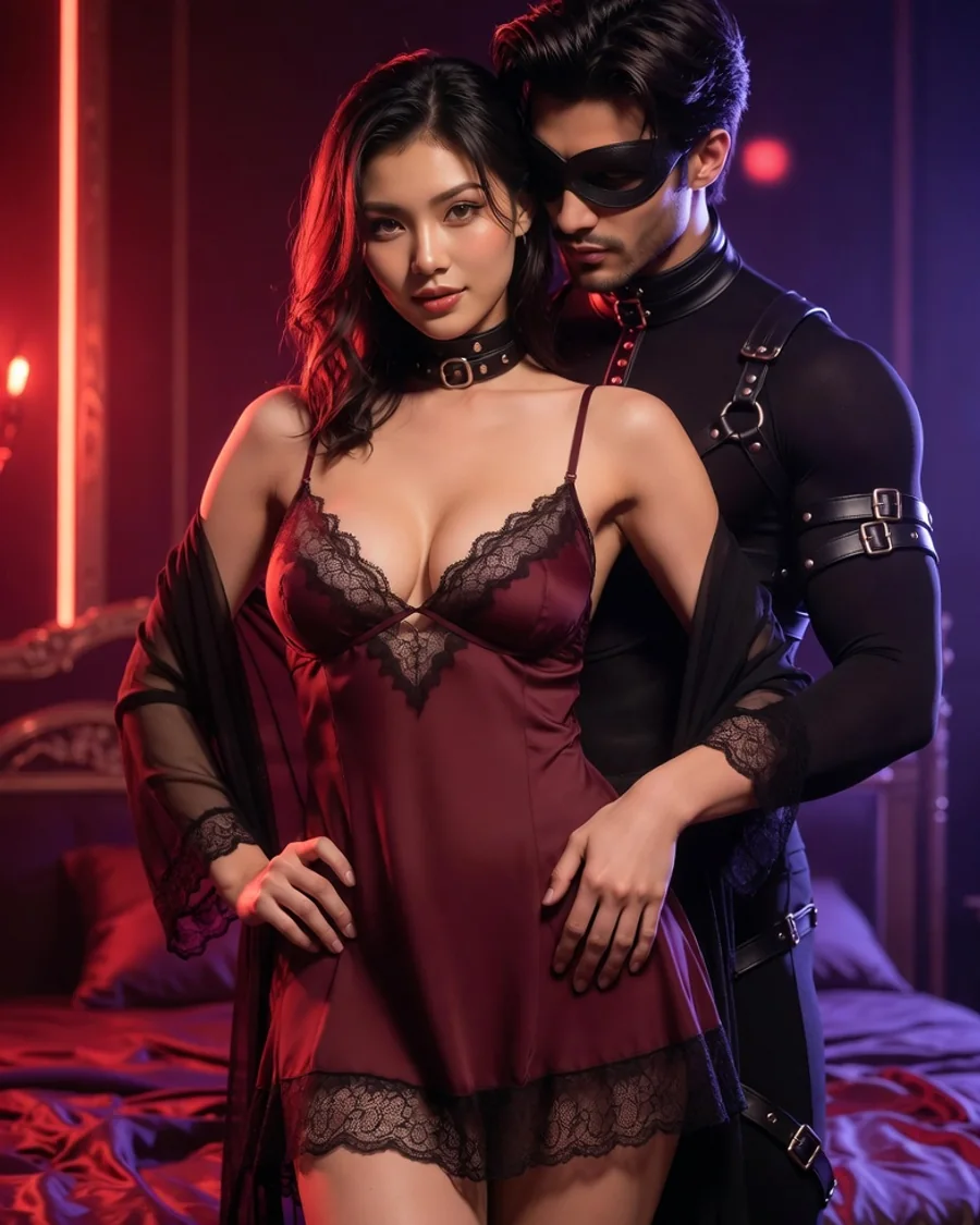 A diverse group of mature adults in dark fetish-inspired evening wear at a private nightclub.